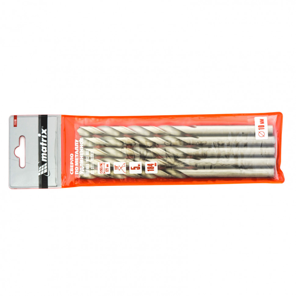 Сверло по металлу, 10 х 184 мм, полированное, удл, HSS, 5 шт, цилиндрический хвостовик Matrix (715100)