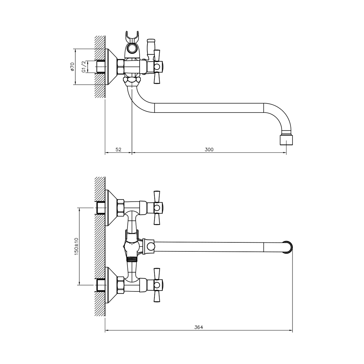 Смеситель для ванн dr51045-white двухвентильный, поворот. излив 300 мм (бел/хром) (1/12) "decoroom"