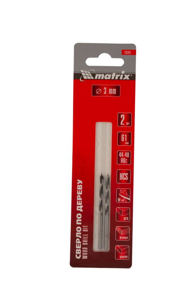 Сверло по дереву, 3 x 61 мм, 2 шт, цилиндрический хвостовик Matrix (70201)