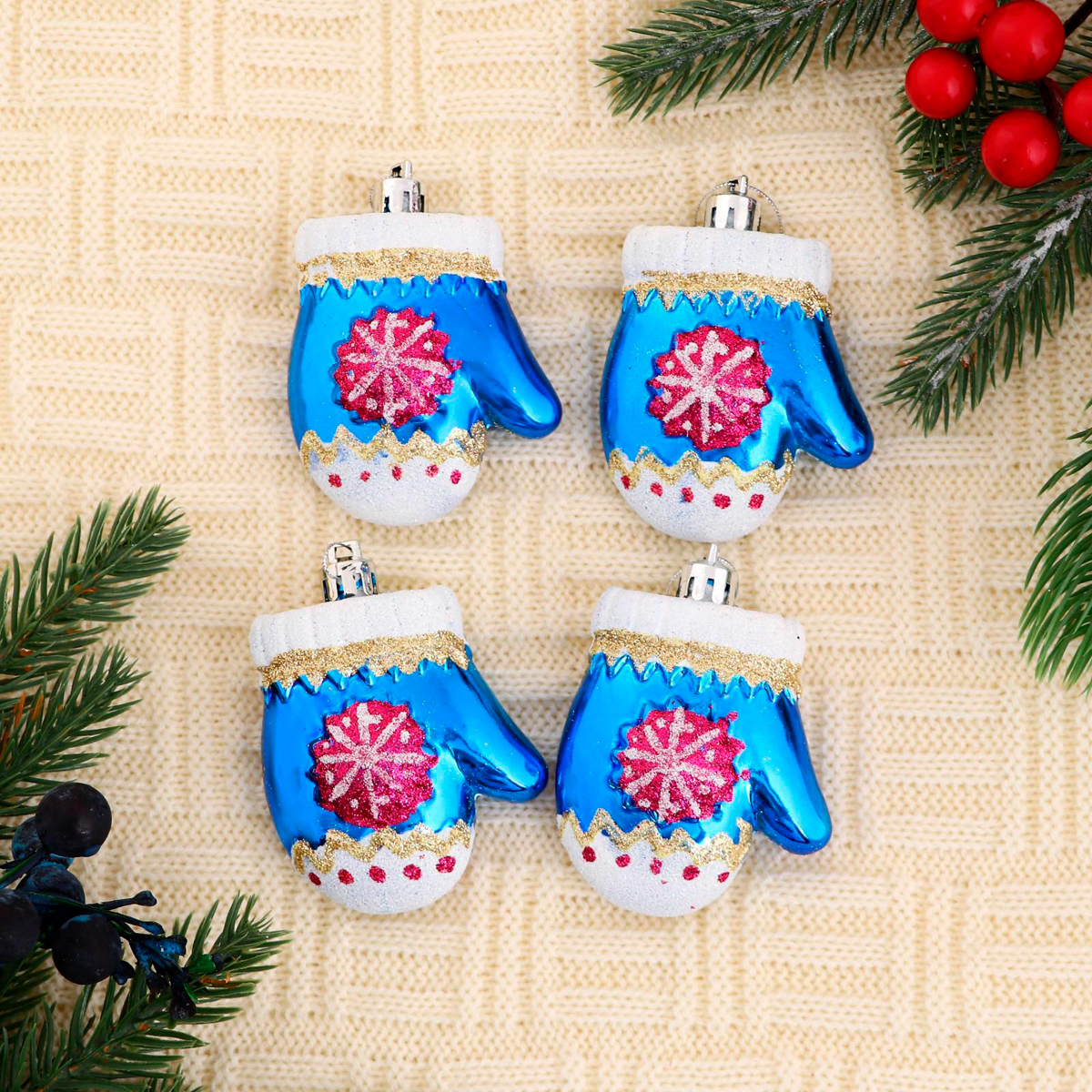 Украшение новогоднее "варежка со снежинкой" (набор 4 шт.) 6*5 см, синий "зимнее волшебство"4196508