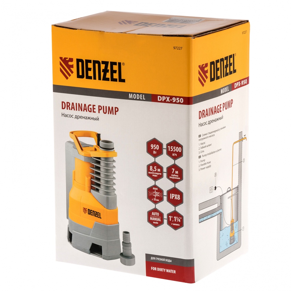 Дренажный насос DPХ950, Х-Pro, 950 Вт, подъем 8.5 м, 15500 л/ч Denzel (97227)