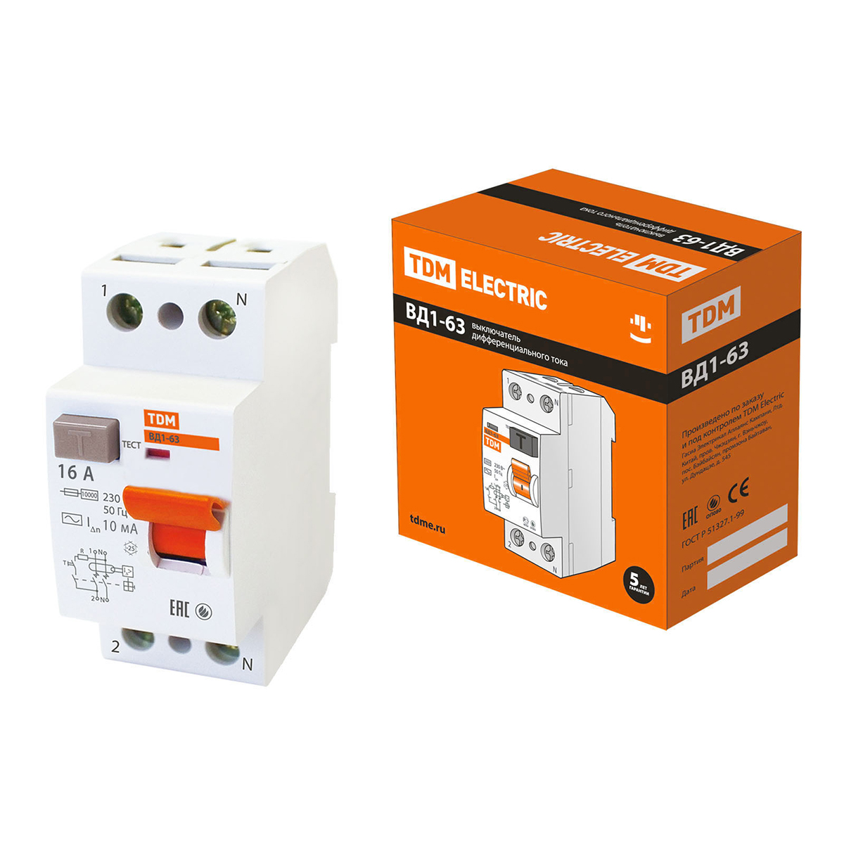 Устройство защитного отключения узо вд1-63 2р 16а 10ма (1/6/60) tdm sq0203-0002