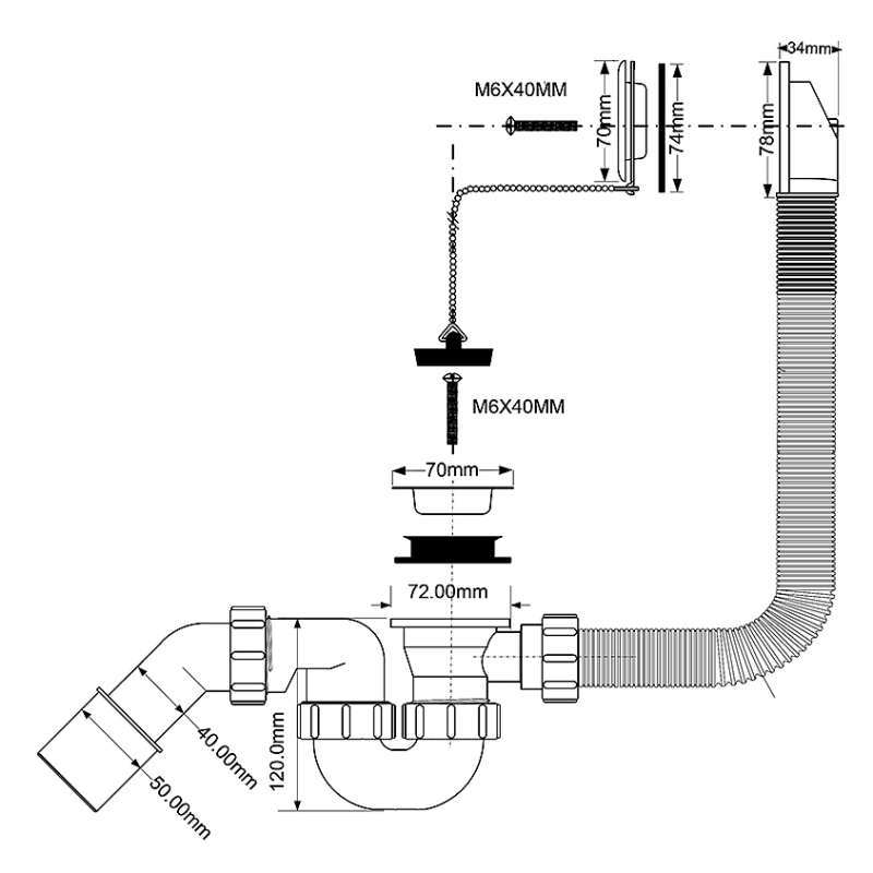 Слив-перелив McALPINE L=368 х 34 мм, нерж. реш., пробкой и цеп., выход 40/50 мм