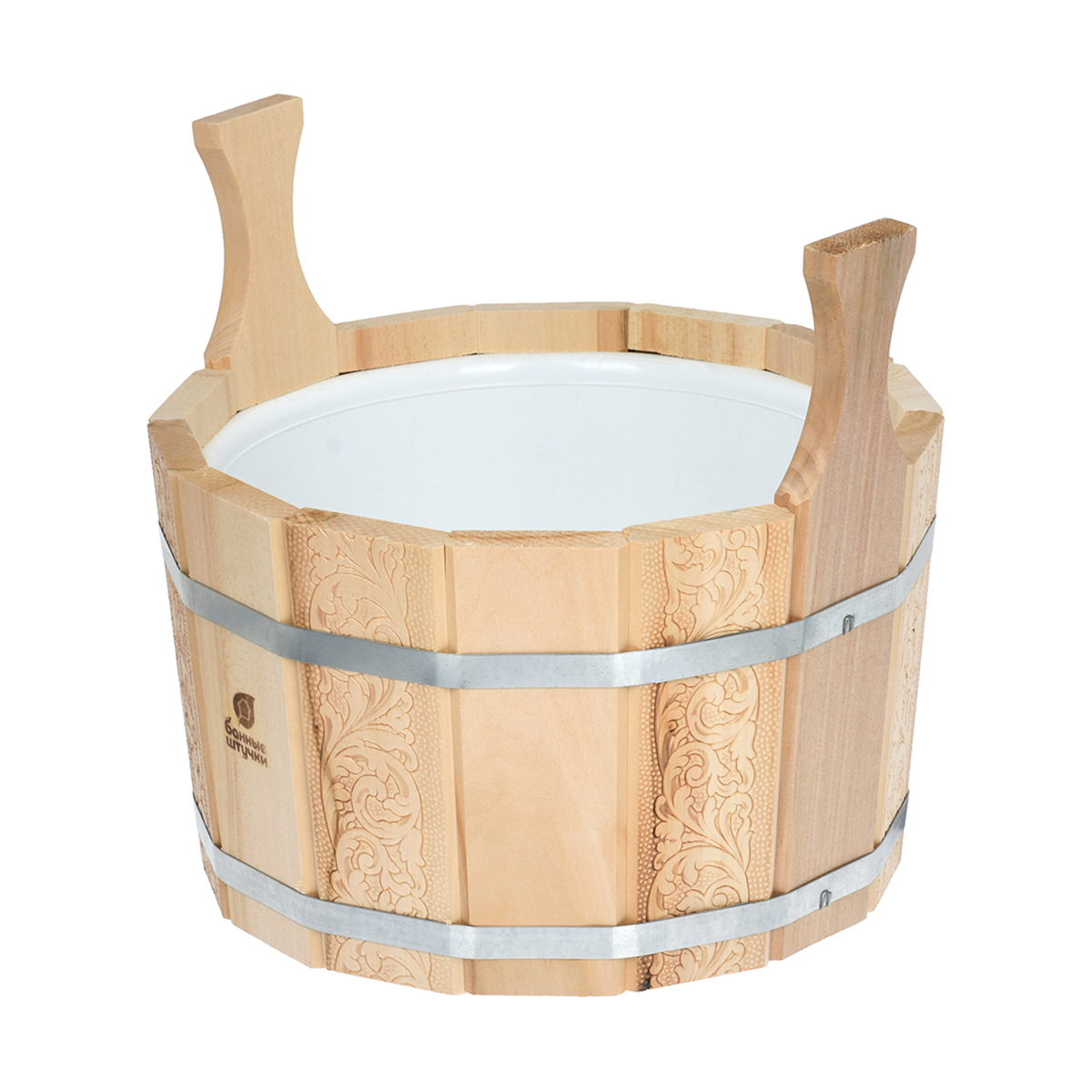 Ушат для бани и сауны "цветочный орнамент" 9 л, 2 ручки, пластик. вставка, липа (1) 32696