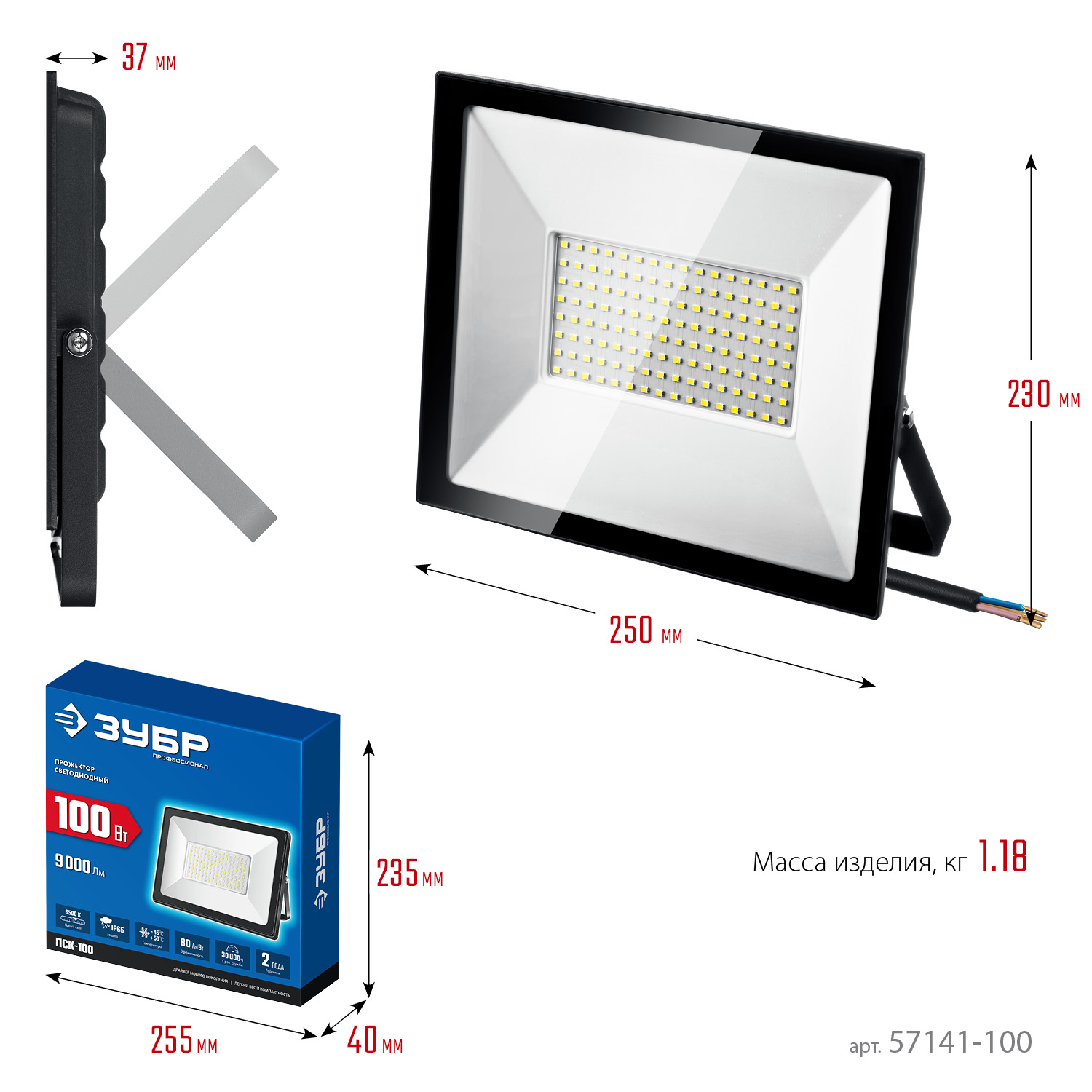 ЗУБР ПСК-100, 100 Вт, 6500 К, IP 65, светодиодный прожектор, Профессионал (57141-100)