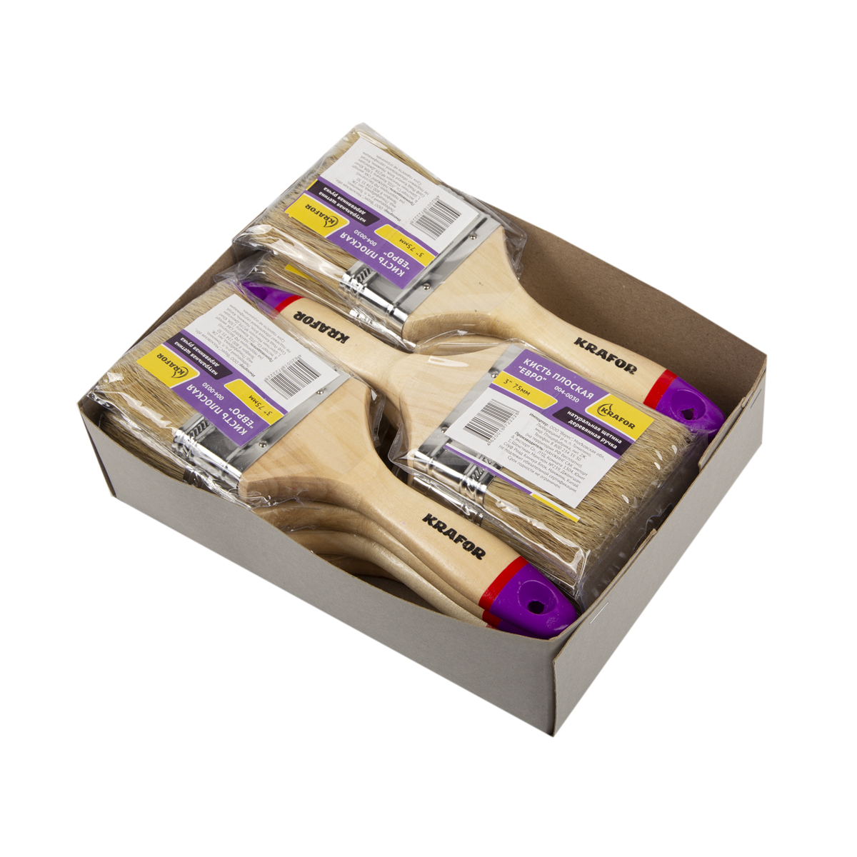 Кисть плоская "евро" №3 /75 мм  (12/240) натур.щетина, дерев.ручка "krafor" 004-0030