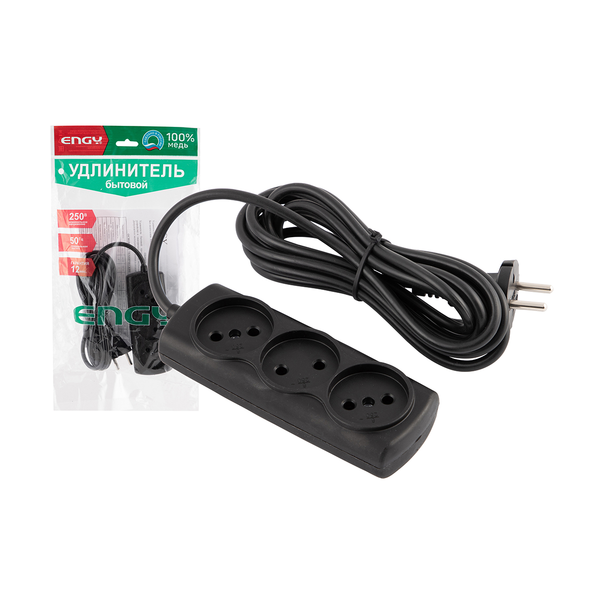 Удлинитель "engy премиум"  3 м, 3 розетки (пвс 2 х 0,75) черный (1/45)