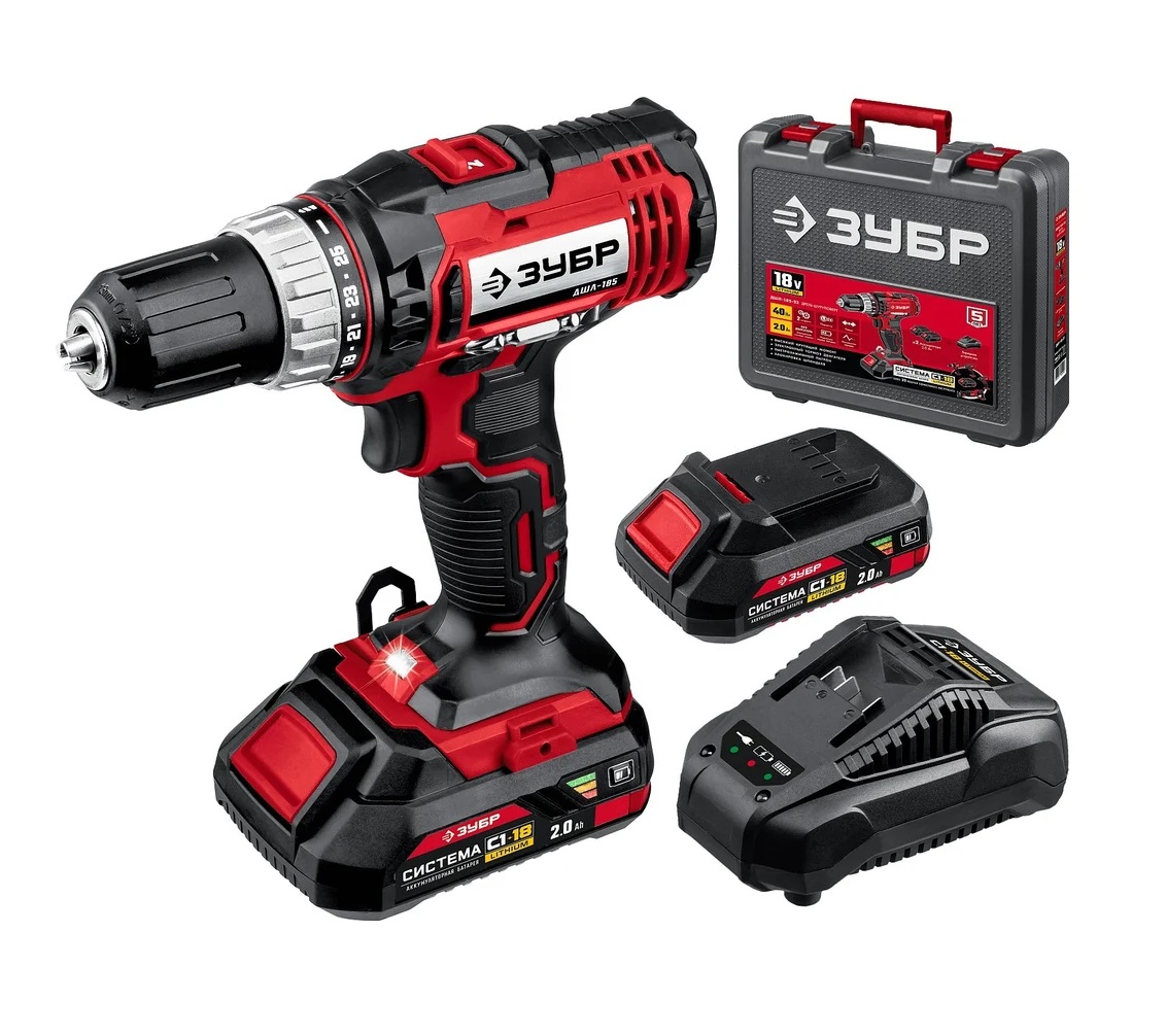 Дрель-шуруповерт ДШЛ-185-22 Зубр 2 АКБ (2 Ач) 18В в кейсе