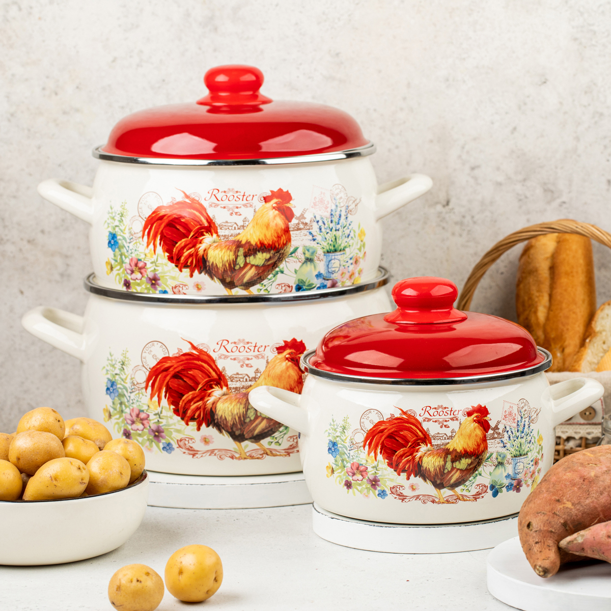 Набор кастрюль эмалиров. "золотой петушок" (2,2 + 4 + 5,3 л) (1) "metrot"