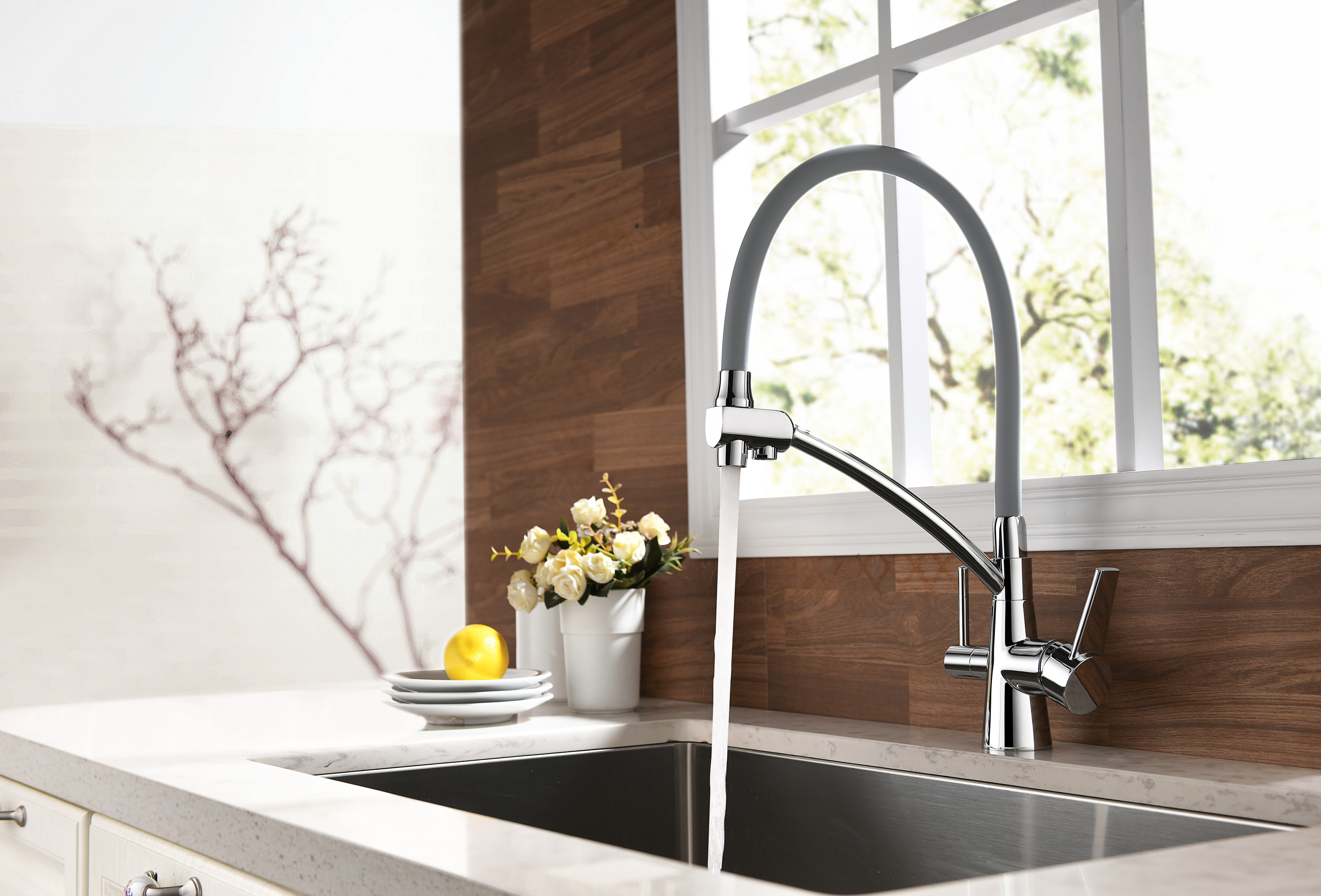 Смеситель для кухни "comfort"  lm3071c-gray гибкий излив,подключ.к фильтру, серый (1/8)"lemark"