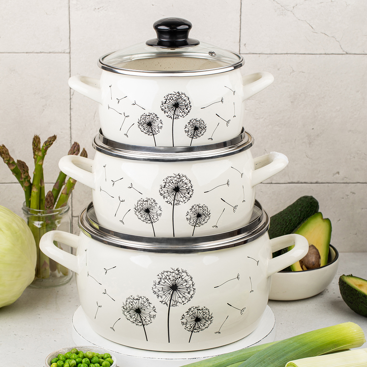 Набор кастрюль эмалиров. "одуванчик" (2,4 + 3,3 + 5,7 л) (1) "metrot"