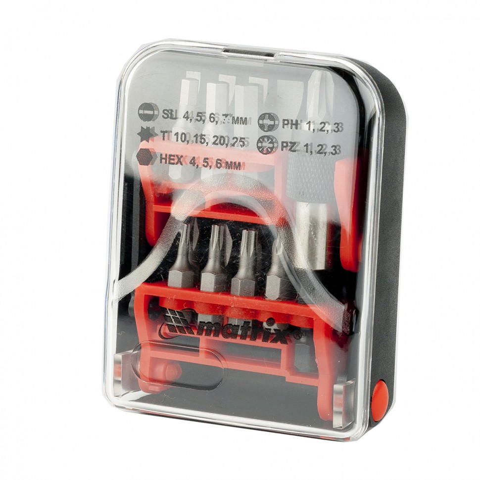 Набор бит, адаптер для бит, сталь S2, 18 предметов, пластиковый кейс Matrix (11316)