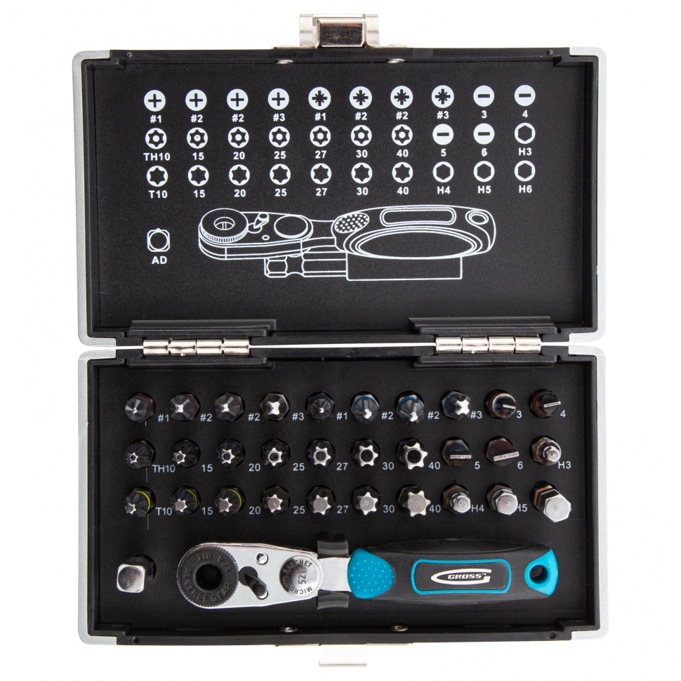 Набор бит, 1/4, магнитный адаптер, сталь S2, пластиковый кейс, 33 предмета Gross (11365)