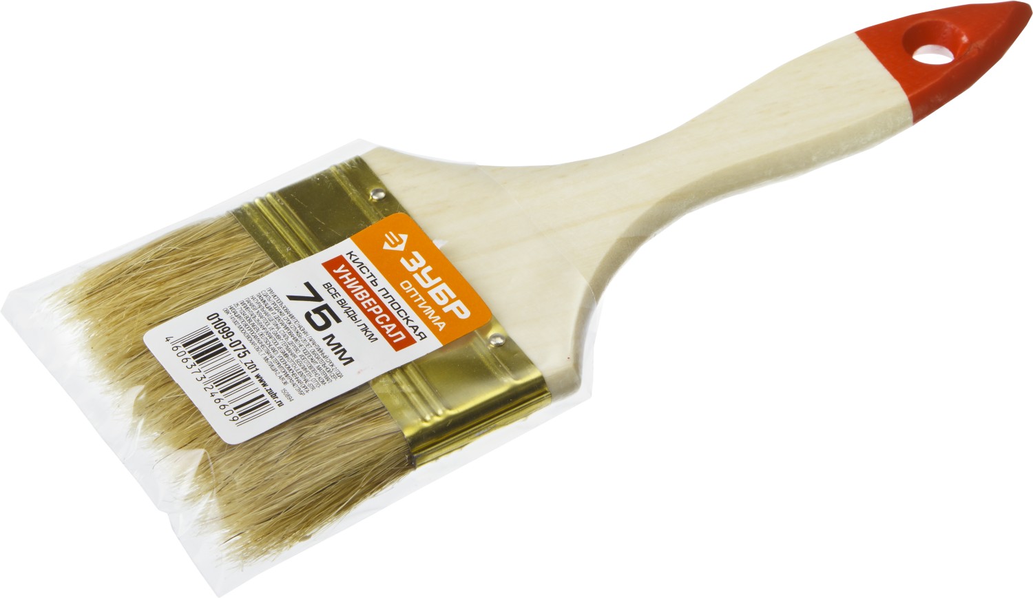 ЗУБР 75 мм, 3″, светлая натуральная щетина, деревянная ручка, плоская кисть (01099-075)