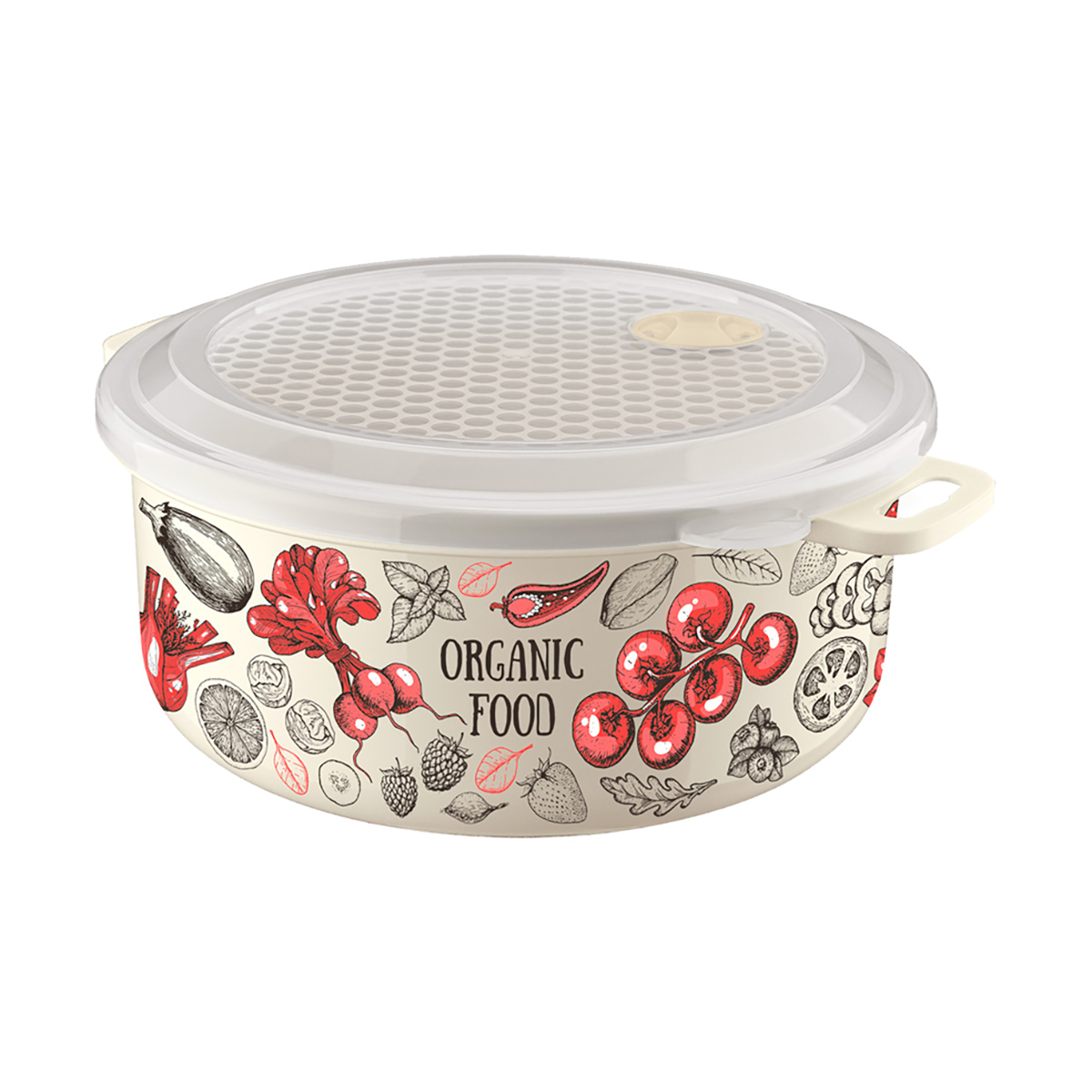 Контейнер для свч и холодильника круглый с декором 2 л (бежевый) (1/18) "бытпласт"