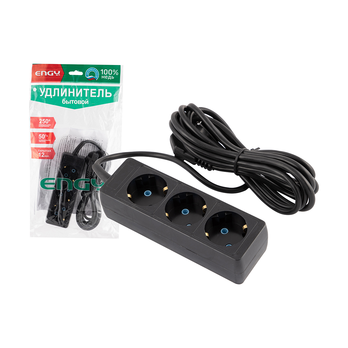 Удлинитель "engy гранд"  3 м, 3 розетки с заземл. (пвс 3 х 0,75). черный (1/30)