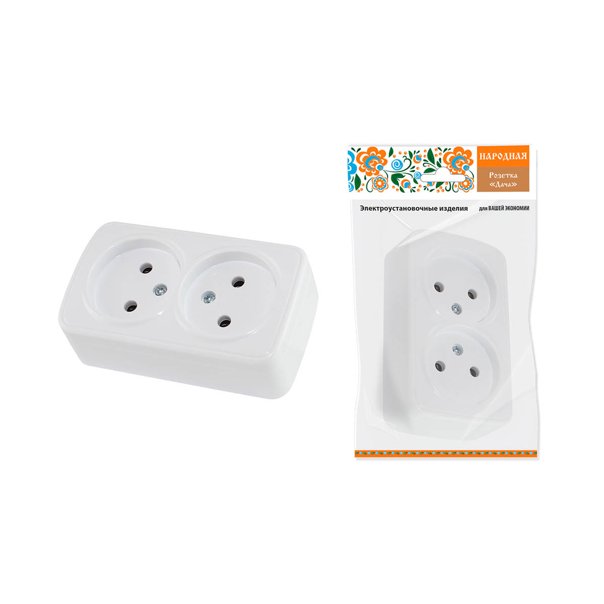 Розетка двойная открыт. уст. 10а 250в ip20  "дача" белая (1/10/100) народная sq1824-0009