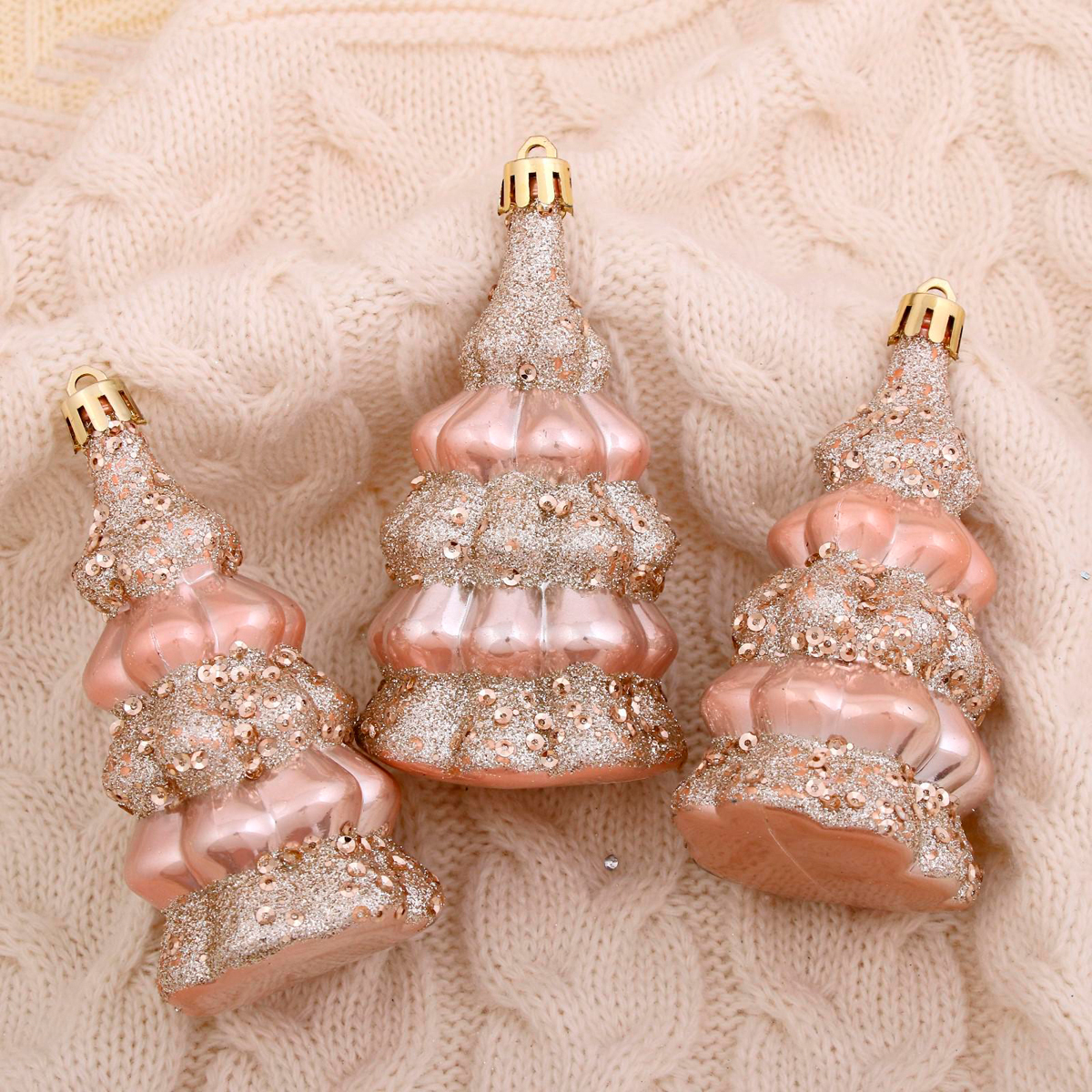 Украшение новогоднее "елочка в сугробах" (набор 3 шт.) 5*9,5 см, розовое золото 4942112