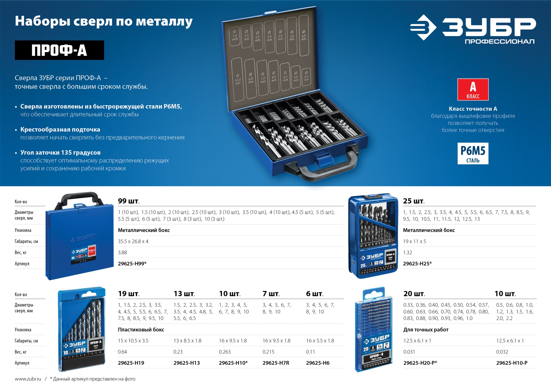 ЗУБР ПРОФ-А, 99 шт, (1-10 мм), сталь Р6М5, класс А, мет.бокс, набор сверл по металлу, Профессионал (29625-H99)