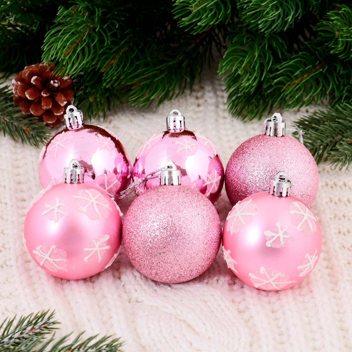 Шары новогодние d-6 см (набор 6 шт.) "снежиночки" розовый  "зимнее волшебство" 1009560