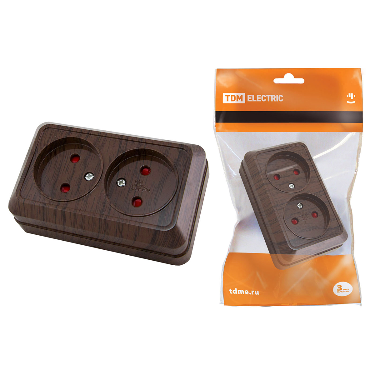 Розетка двойная открыт. уст. 10а 250в ip20 с защитн. штор. "ладога" бук (1/10/200) tdm sq1801-0039