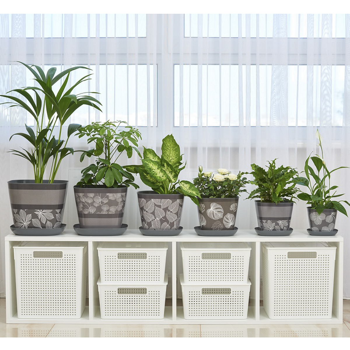 Кашпо для цветов с поддоном  квадратное "листопад" 2,5 л (темно-серый (1/22) "виолет"