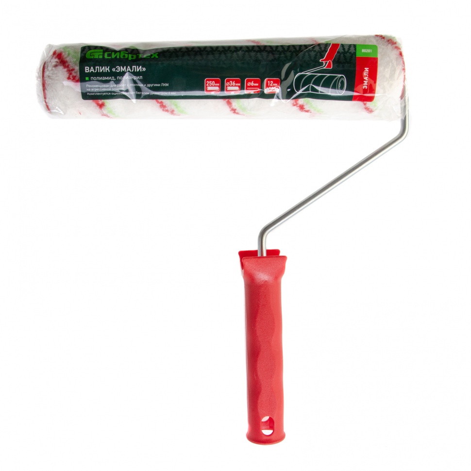 Валик "Эмали" , 250 мм, ворс 12 мм, D - 36 мм, D ручки - 6 мм, полиамид, полиакрил Сибртех (80201)