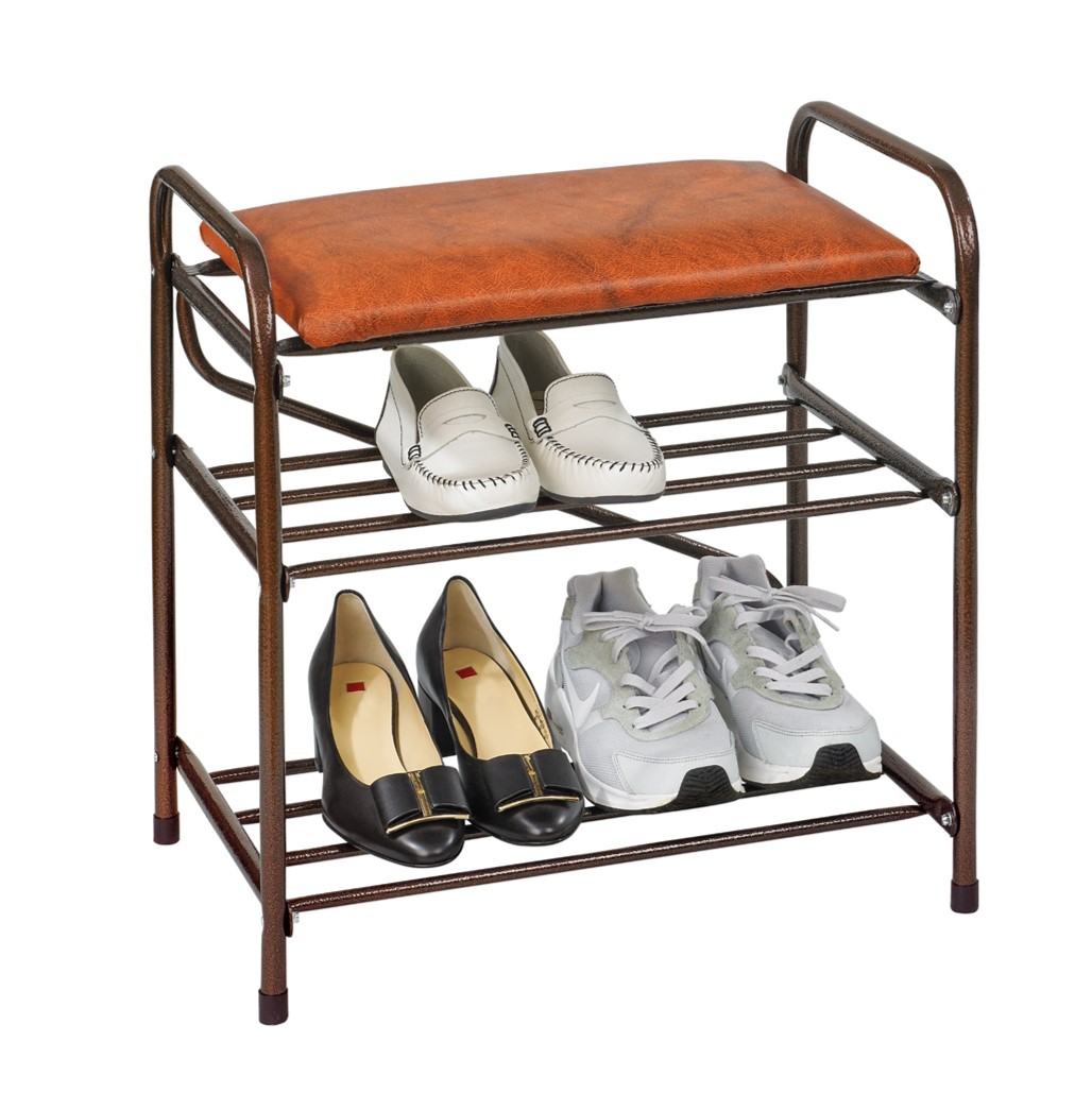 Банкетка-этажерка для обуви 2-х ярусная с мягким сиденьем (коричневый) (1) "виолет"