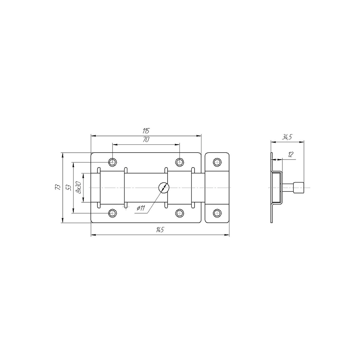 Засов дверной зд-02 плоский (серебро антик) (20) "секрет"