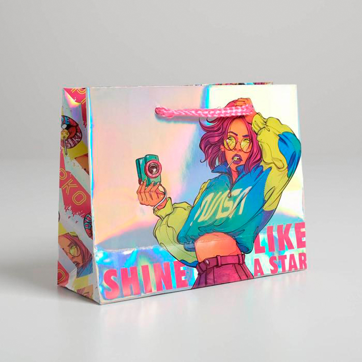 Пакет подарочный голографический "shine like a star" 15*12*5,5 см (1/12/900)"дарите счастье" 5307549