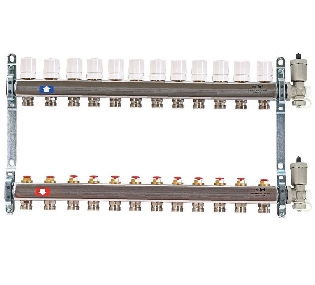 Колл. группа 1"x3/4" ЕК 12 выходов UNI-FITT с вентилями и воздухоотводчиками - нерж.сталь
