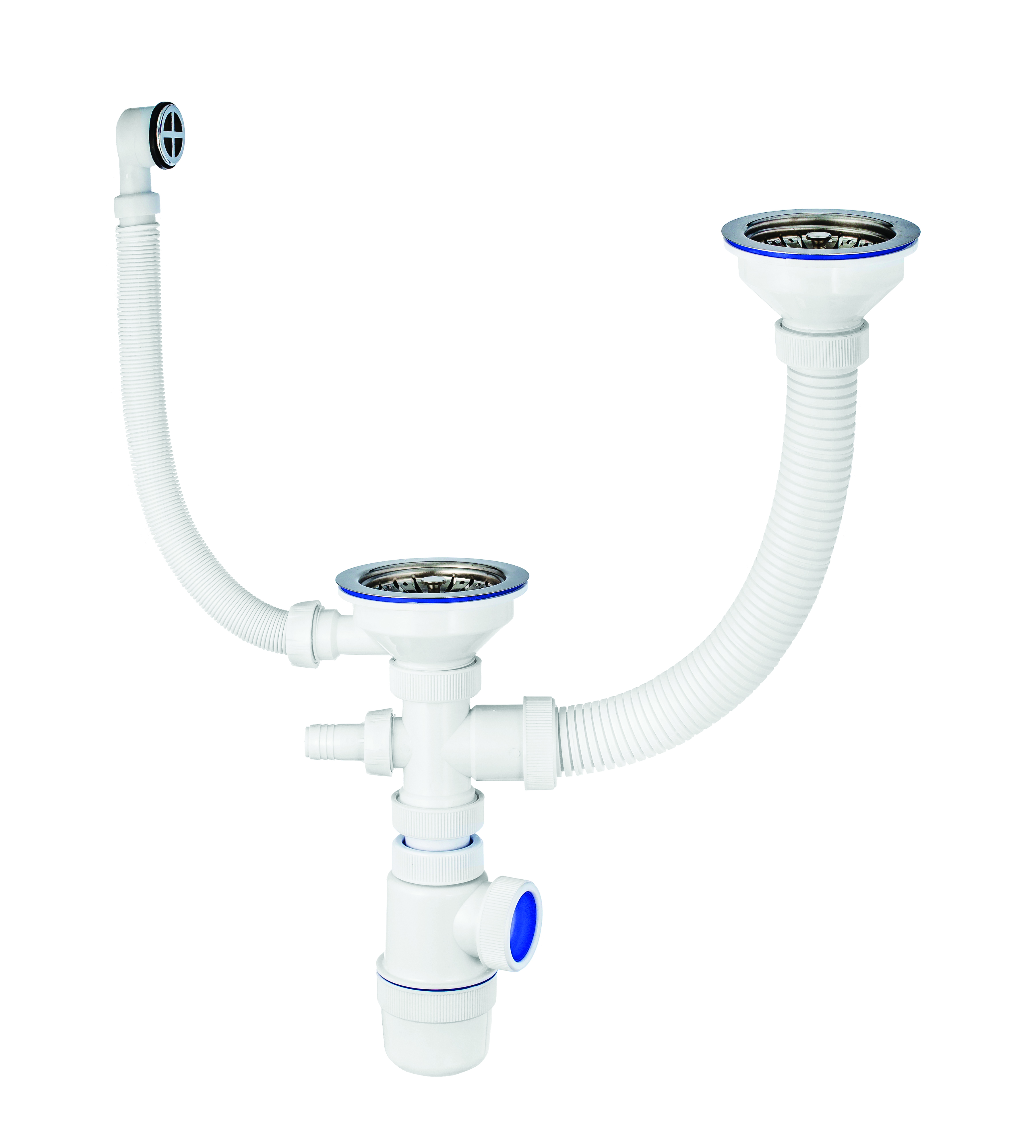 Сифон "элит" для 2-й мойки с нерж. чашкой 114 мм с отводом и круглым переливом (1/15)