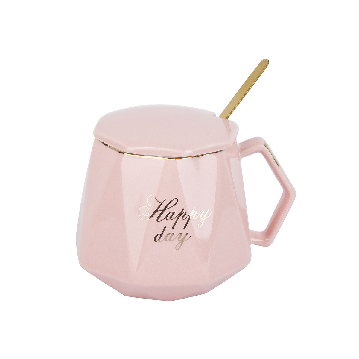 Кружка с крышкой и ложкой "happy day" 420 мл, фарфор (розовая) (1/24) "nouvelle home" 1060061-4