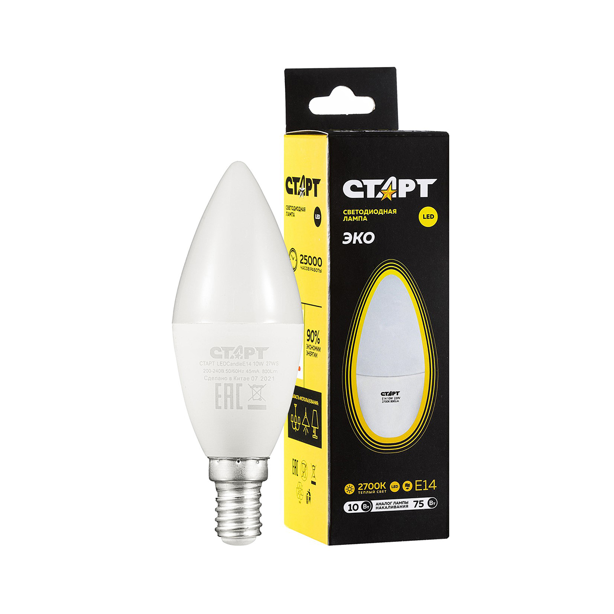Лампа светодиодная "старт эко" свеча 10w 2700 к  e14, тепл. свет (10/100)