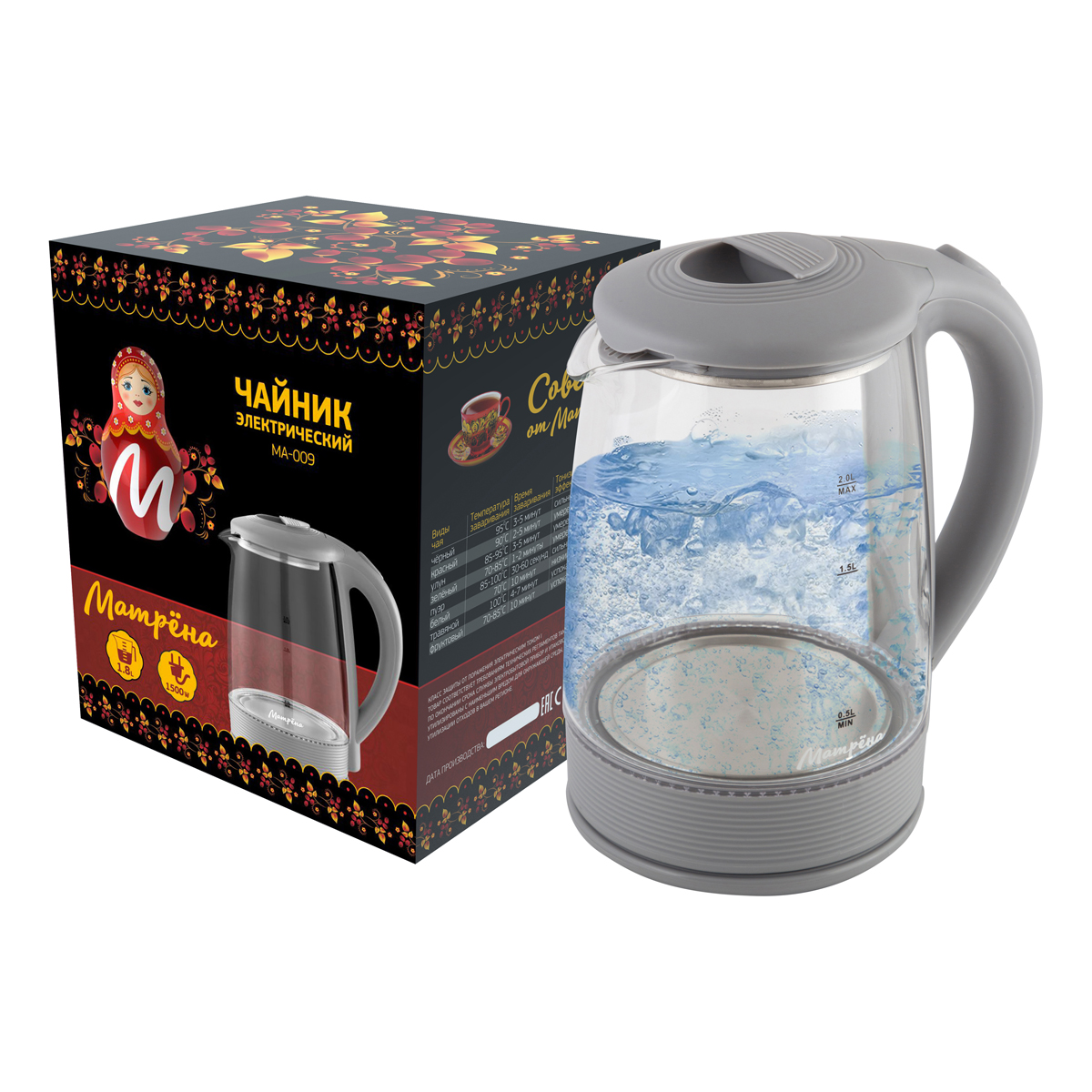 Чайник электр. "матрёна" ma-009 2 л (1/12) стекло, пластик (серый)