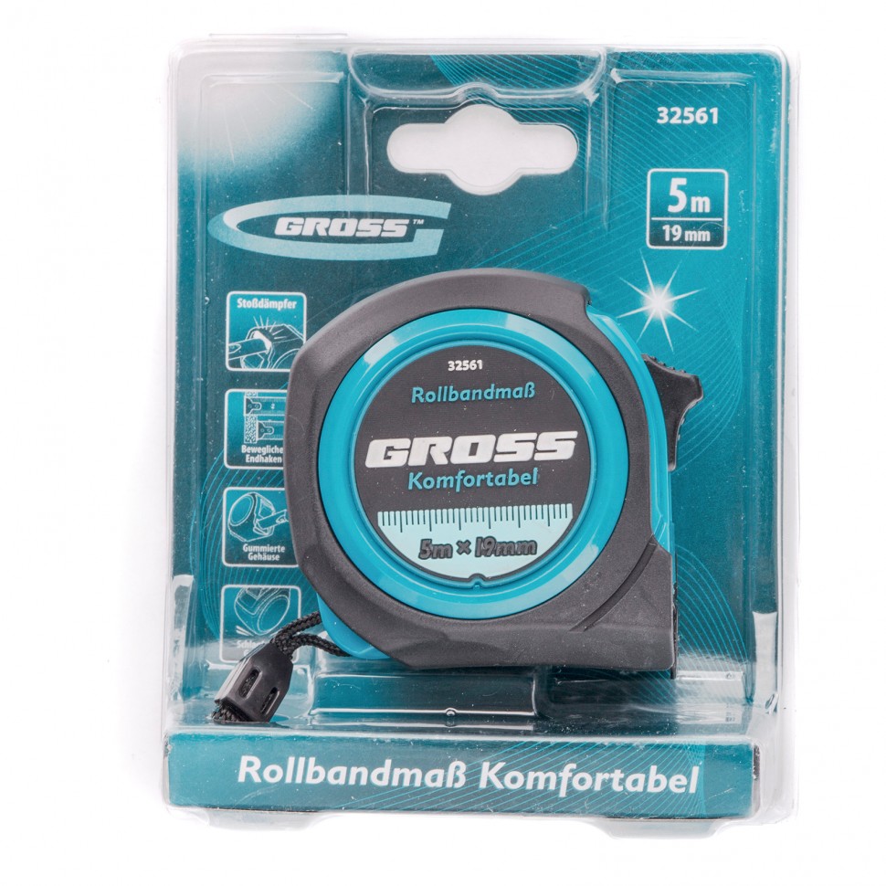 Рулетка Komfortabel 5 м х 19 мм, обрезиненный корпус Gross (32561)