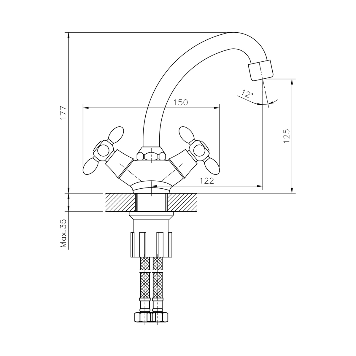 Смеситель для умывальника dr53012 двухвентильный, поворотн. излив (1/12) "decoroom"