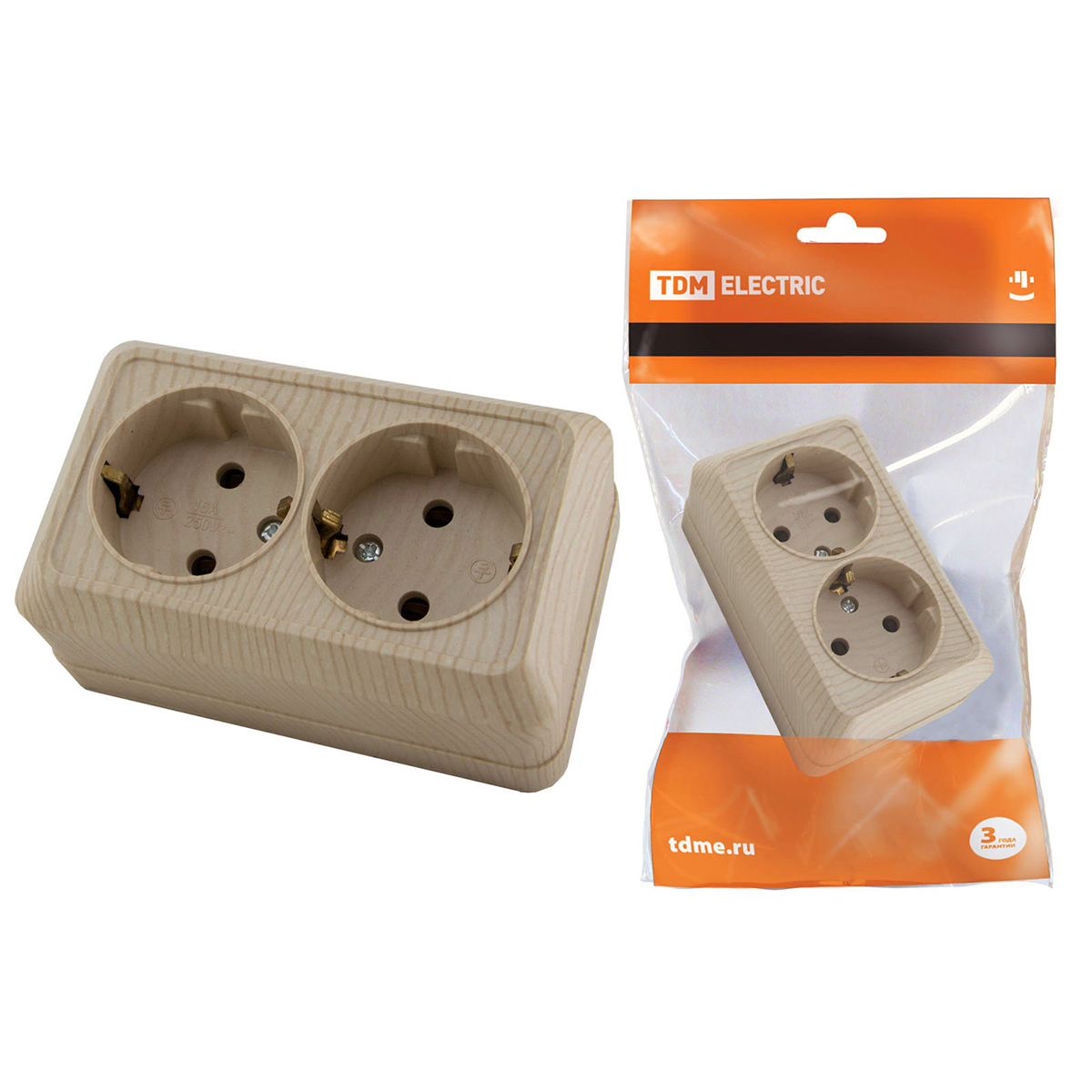 Розетка двойная с заземл. откр. уст. 16а 250в ip20 "ладога", сосна (1/10/100) tdm sq1801-0052