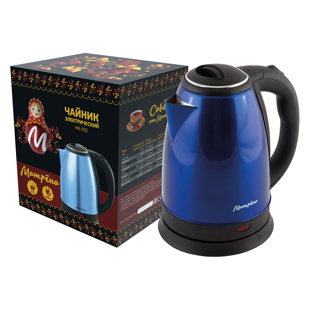 Чайник электр. "матрёна" ma-002 1,8 л (1/12) сталь (синий)