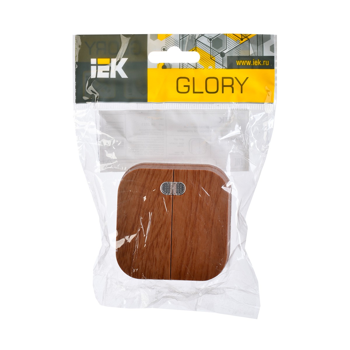 Выключатель открыт. уст. "glory" 2-х кл. с индикатором вс20-2-1-хд, 10а, дуб (1/36/432) "iek"
