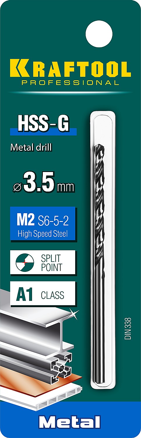 KRAFTOOL HSS-G, 3.5 х 70 мм, сталь P6M5, сверло по металлу (29651-3.5)