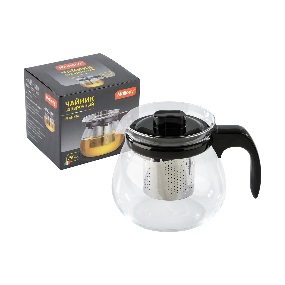 Чайник завар. стекло "persona" 750 мл, фильтр нержав. (1/24) "mallony"