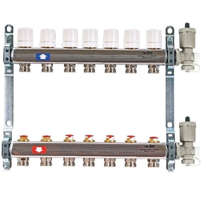 Колл. группа 1"x3/4" ЕК 7 выходов UNI-FITT с вентилями и воздухоотводчиками - нерж.сталь
