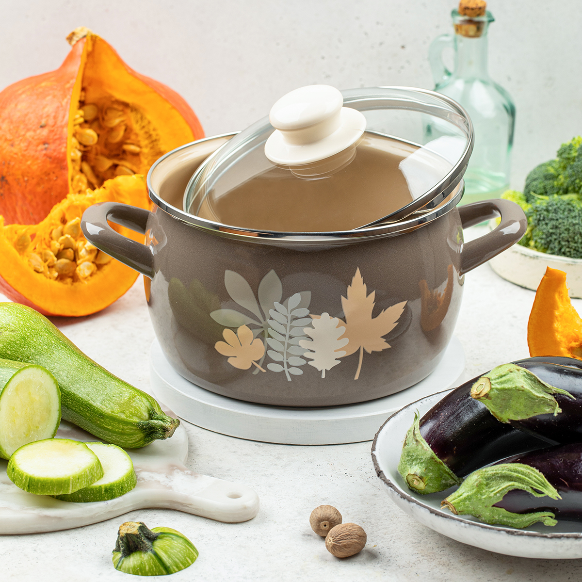 Кастрюля эмалиров. "осенняя соната" 7,9 л, 24 см стекл. крышка (1/4) "metrot"