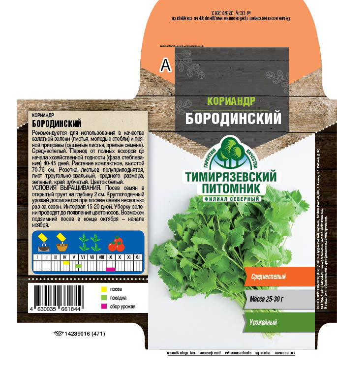 Семена кориандр овощной "бородинский" 3 г (10) "тимирязевский питомник"