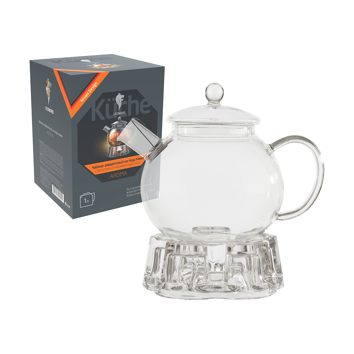 Чайник завар. стекло "aroma" 1 л на подставке, фильтр нержав. (1/6) "leonord"