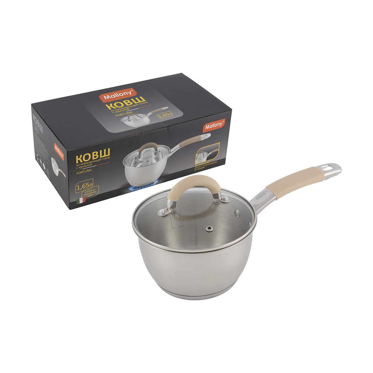 Ковш нержав. "fortuna" 1,65 л стекл. крышка, матовый корпус, ручка с силиконом (1/8) "mallony"