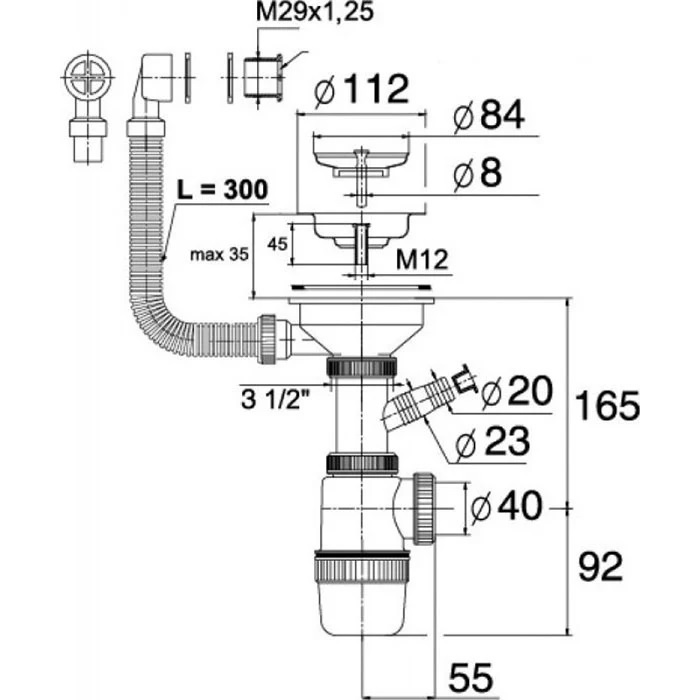 Сифон Элит 1 1/2 х 40 мм, нерж. чашка D114 мм, круг.пер. L300 мм и с гофротрубой L800 мм 40 х 40/50