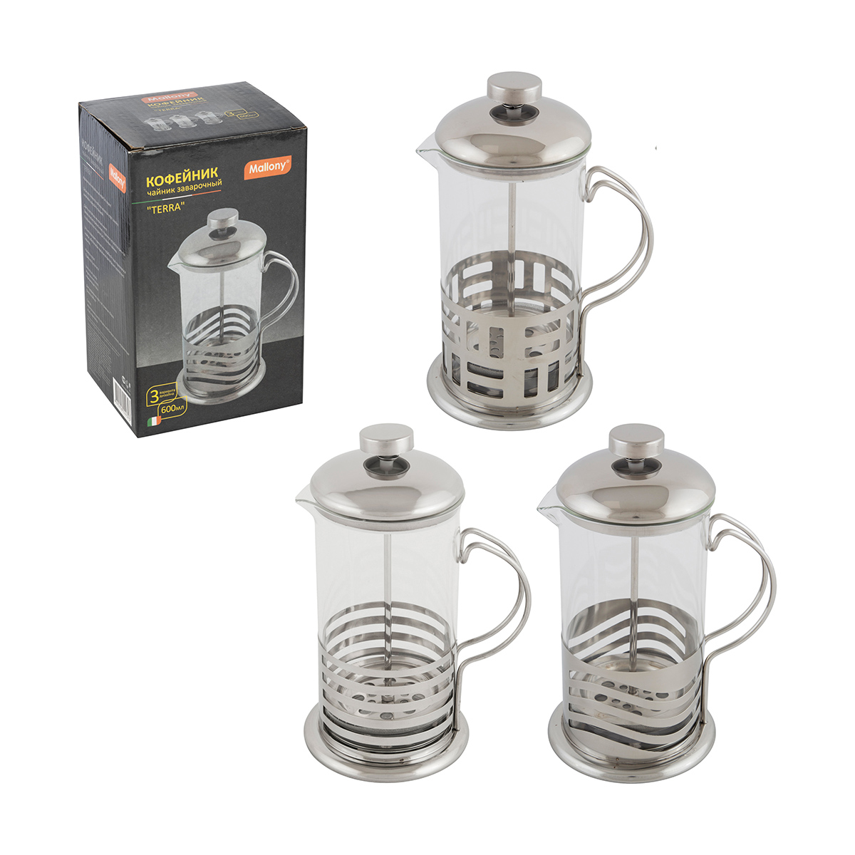 Чайник-кофейник с прессом "terra" стекло 600 мл (1/12) "mallony"