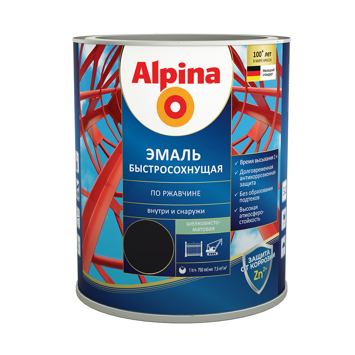 Грунт- эмаль по ржавчине быстросохн. черная (ral 9005) 0,75 л (1/6) "alpina"